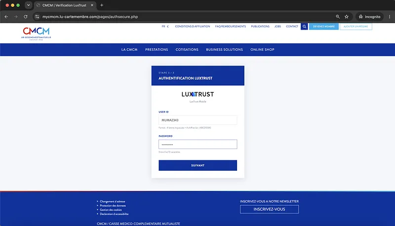 Screenshot Luxtrust Credentials Request Phishing Page