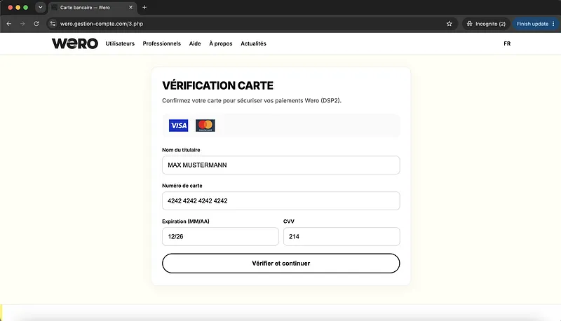 Screenshot Wero Phishing Page Credit Card Details Request