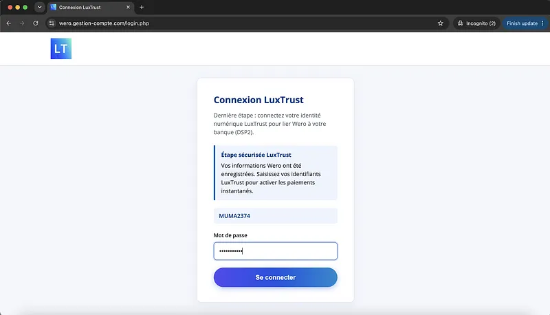 Screenshot Wero Phishing Page Luxtrust Credentials Request