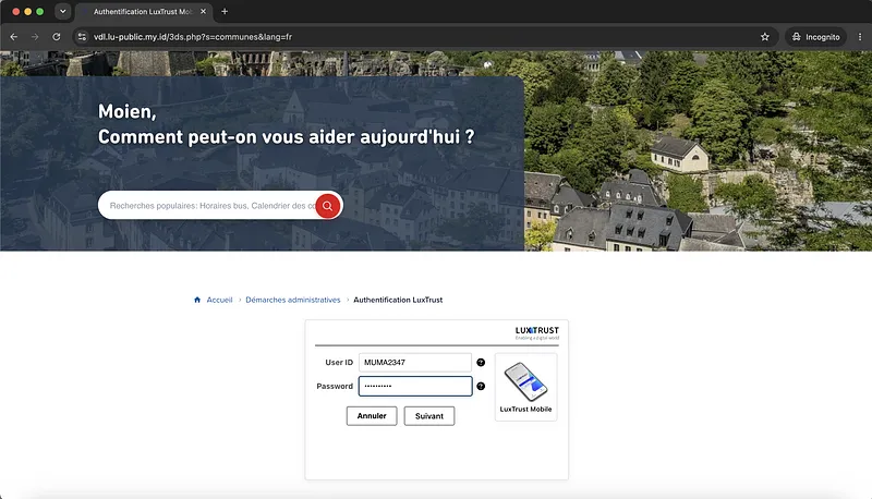 Screenshot Phishing Luxtrust Credentials Ville De Luxembourg