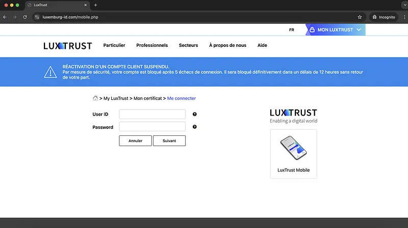 Luxtrust Phishing Webpage Credentials Request Screenshot