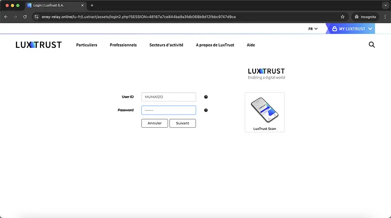 Luxtrust Phishing Webpage Credentials Request Screenshot