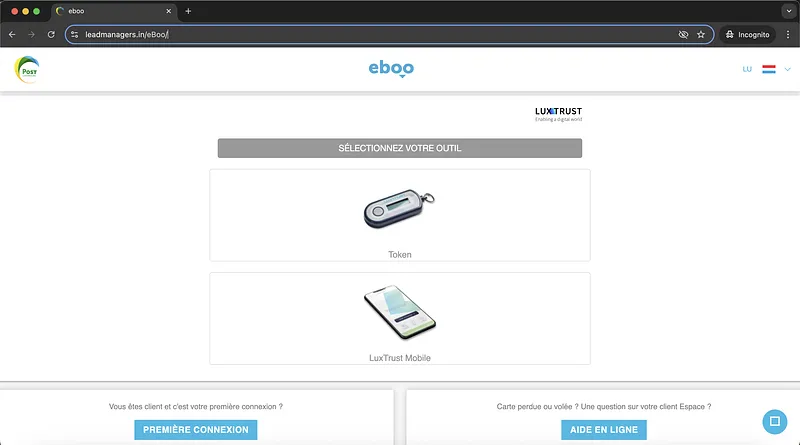Eboo Landing Page Connection Method Choice Screenshot