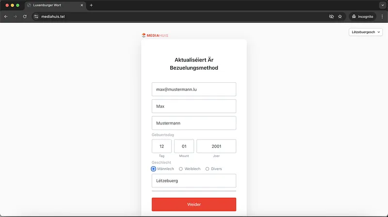 Mediahuis Webpage Personal Data Request Screenshot
