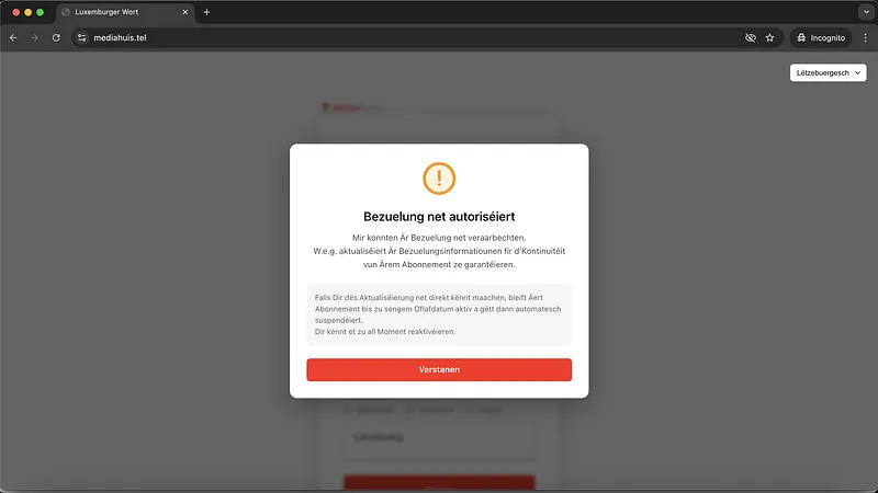 Mediahuis Webpage Payment Failed Popup Screenshot