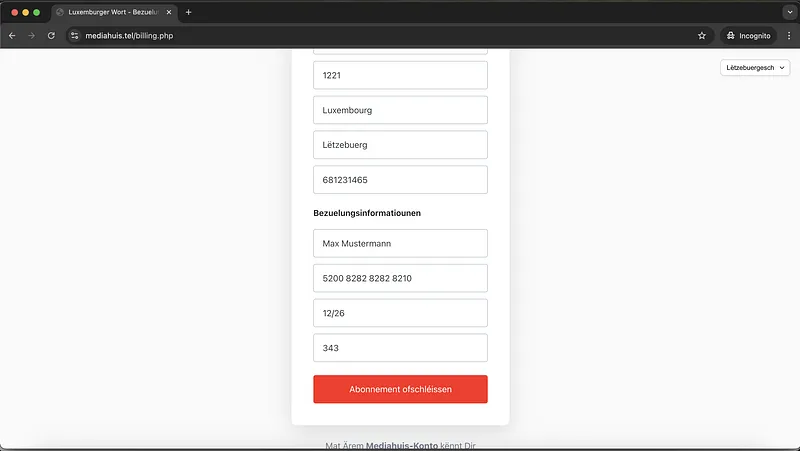 Mediahuis Webpage Payment Data Request Screenshot