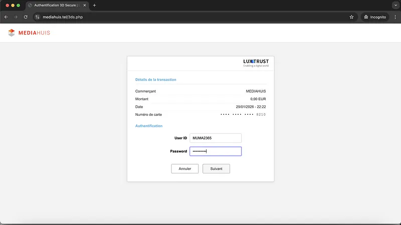 Mediahuis Webpage Luxtrust Credentials Request Screenshot