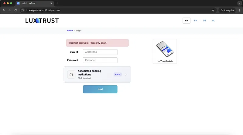 Luxtrust Phishing Incorrect Credentials Screenshot