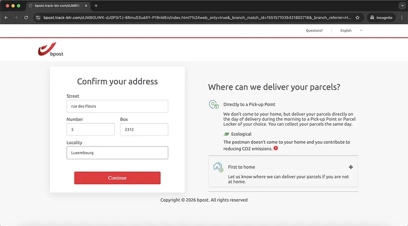 Bpost Phishing Website Address Request Screenshot