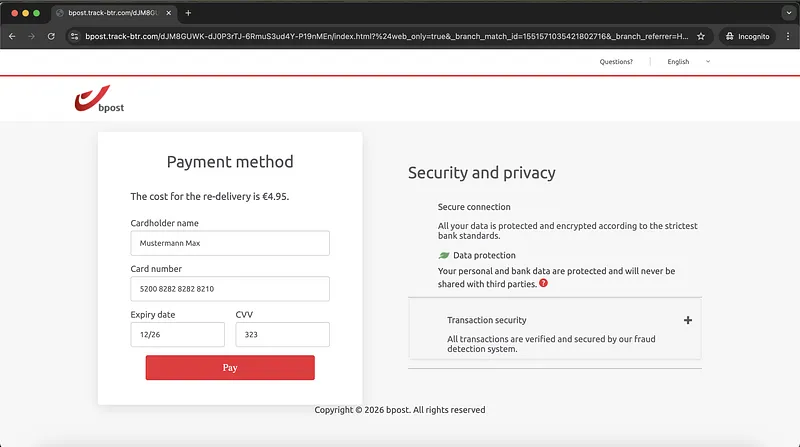 Bpost Phishing Website Visa Details Request Screenshot