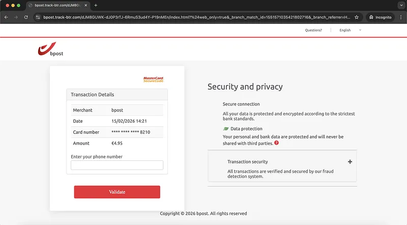 Bpost Phishing Website Phone Number Request Screenshot