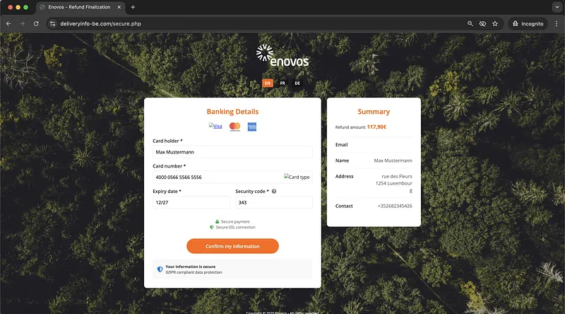 Screenshot Enovos Phishing Webpage Visa Card Request
