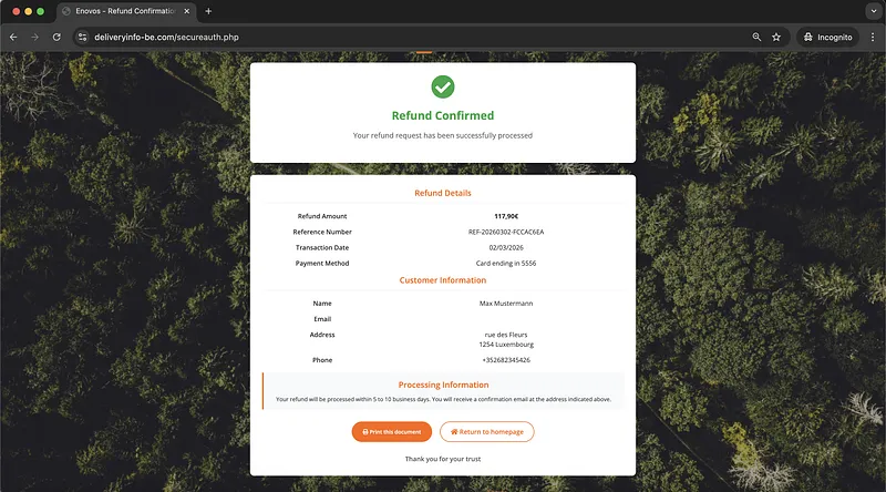 Screenshot Enovos Phishing Webpage Refund Confirmed