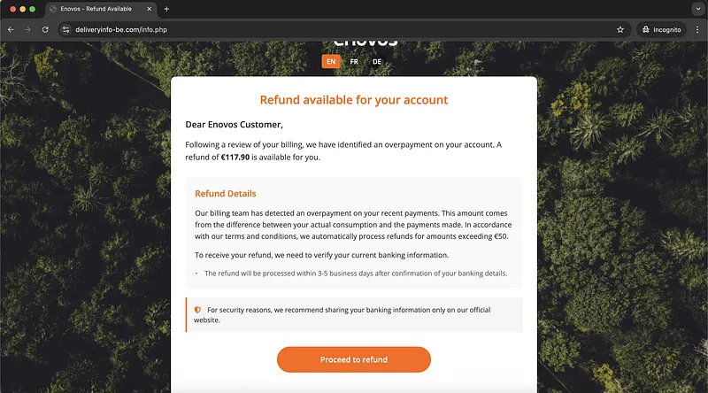 Screenshot Enovos Phishing Webpage Refund Proposition