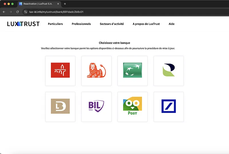 Lustrust Fake Phishing Website Bank Selection Screenshot