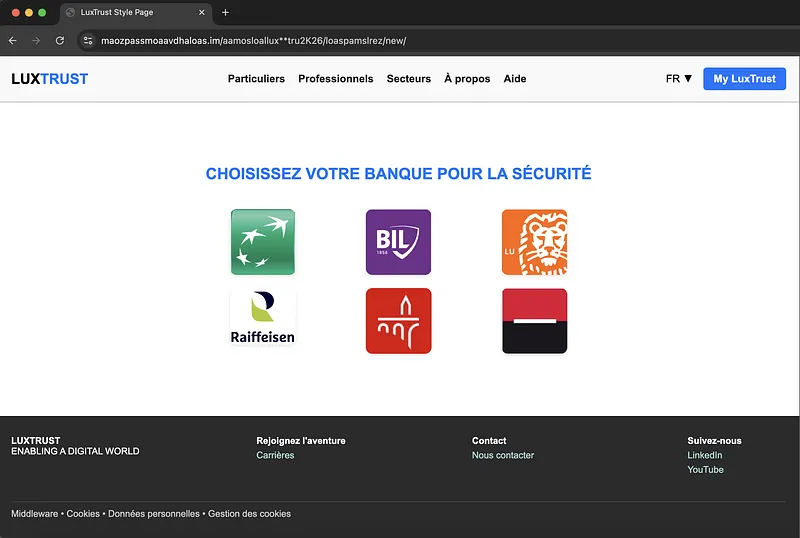 Luxtrust Phishing Scam Webpage Choosing Bank Screenshot