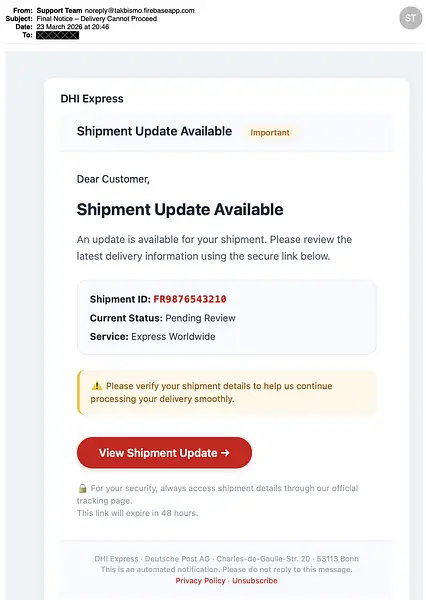 Dhl Phishing Scam Email Screenshot