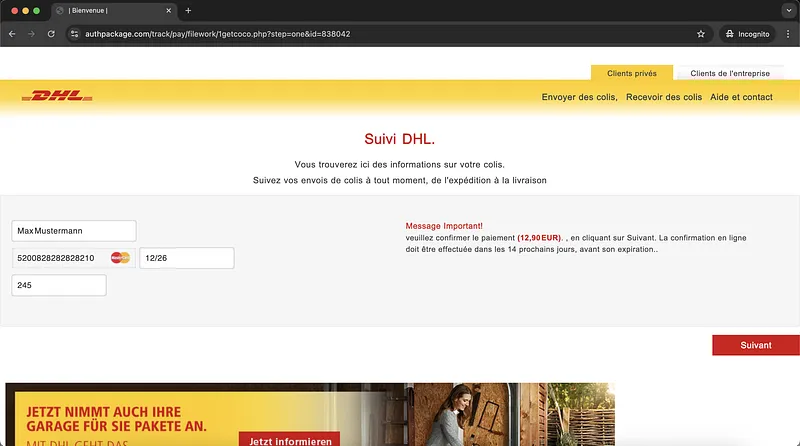 Dhl Phishing Scam Webpage Credit Card Request Screenshot