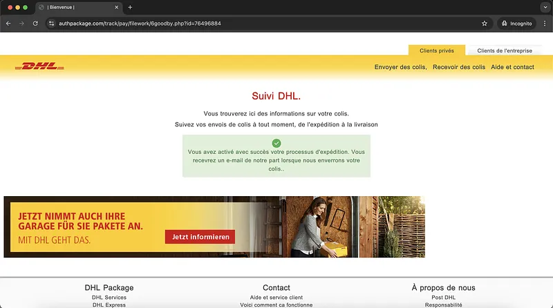 Dhl Phishing Scam Webpage Confirmation Screenshot