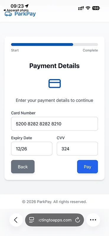 Park Pay Scam Payment Card Details Screen